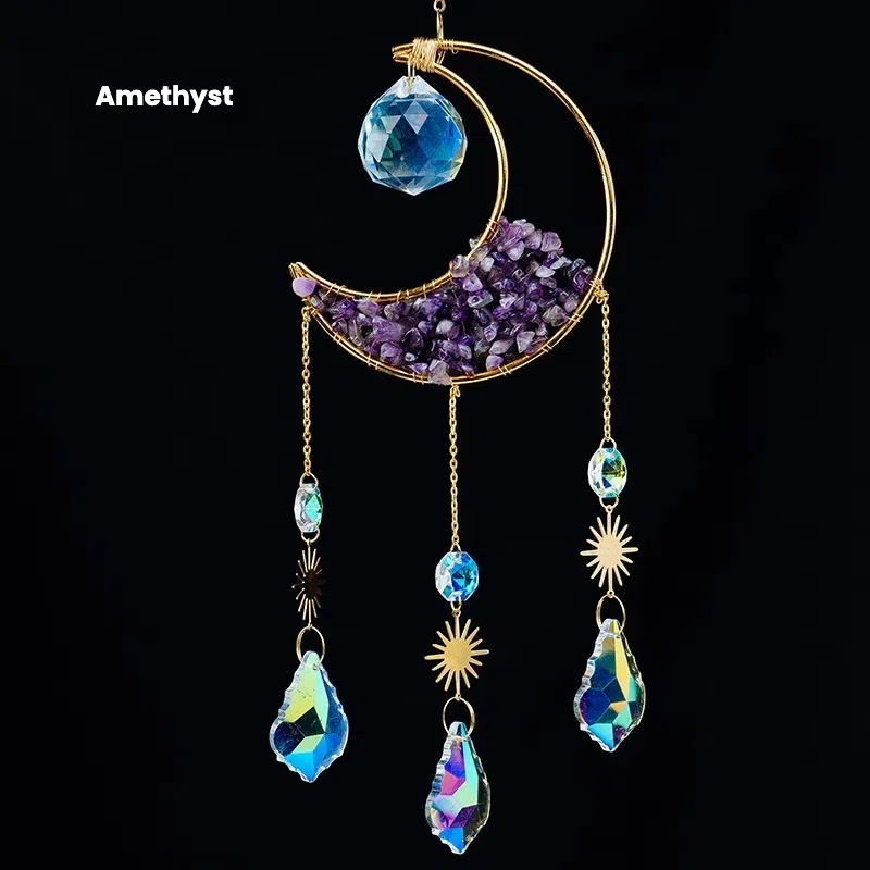 Crystal Half Moon Suncatcher Sun and moon Sun Catcher Perfect Gift Gemstone Window Decor Rainbow Maker Home Decor Hanging Art Boho Handmade - TerraDharma
