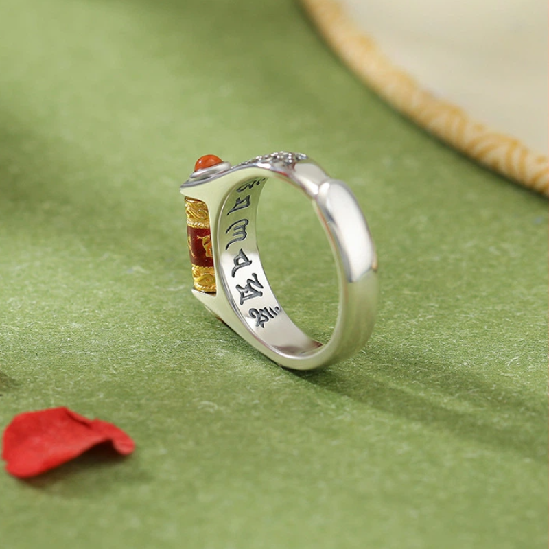 TerraDharma "Mantra Blessing & Divine Protection" South Red Agate & Six - Syllable Mantra Silver Open Ring