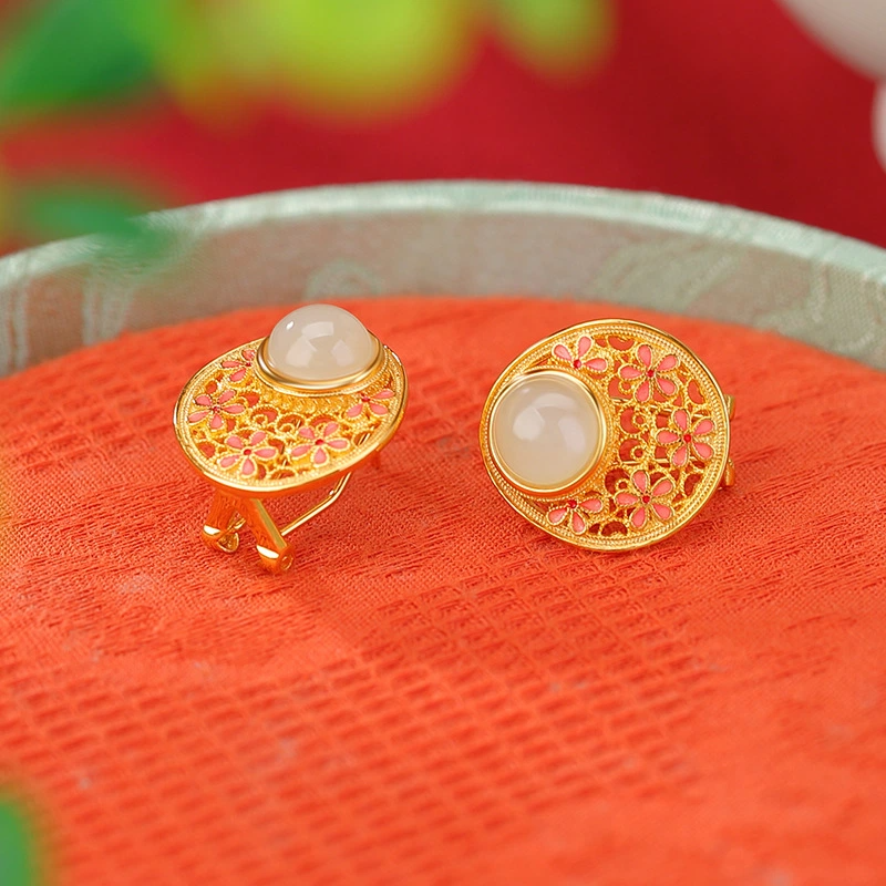 Pink Enamel with Hetian Jade Openwork Stud earrings with clip-on Function (Gold-plated Sterling Silver)