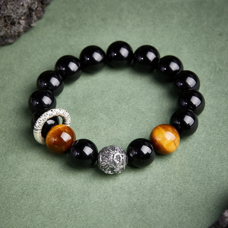 TerraDharma "Spiritual Healing & Confidence Boost" Obsidian & Gold Tiger's Eye Beaded Bracelet