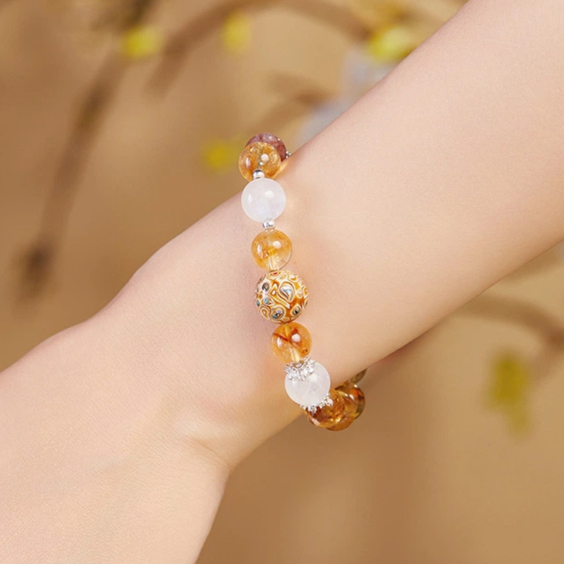 TerraDharma "Timeless Blessing & Mind Sharpening" Lacquer Bead & Golden Rutilated Quartz Beaded Bracelet