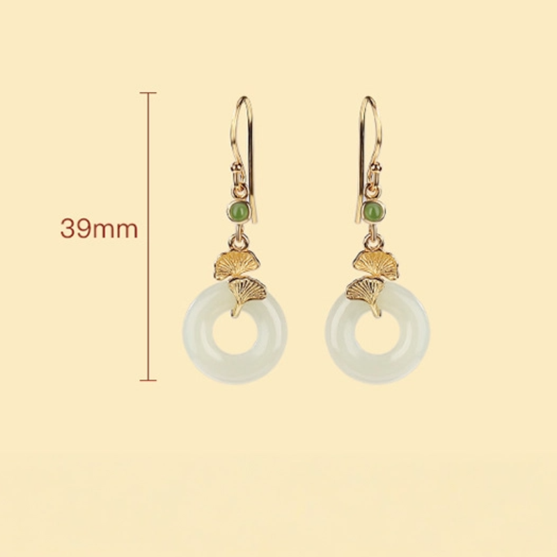 TerraDharma "Emotion Balance & Divine Protection" Hetian Jade Peace Amulet & Gilded Ginkgo Leaf Earrings