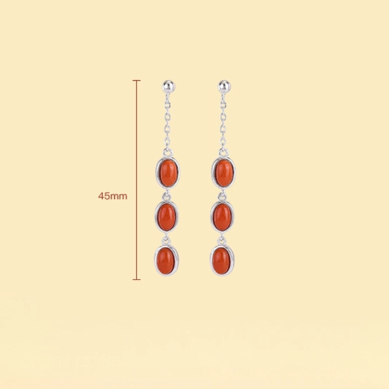 South Red Agate Egg-shaped Bead Tassel Silver Earrings