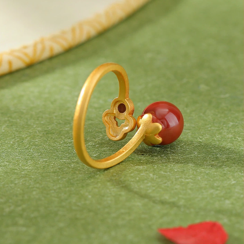 TerraDharma "Protective Blessing & Smooth Prosperity" Cinnabar with Cloisonné Ruyi Pattern Silver Open Ring