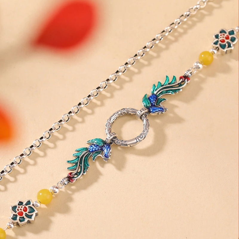 TerraDharma "Prosperity Ascension & Nurturing Fortune" Amber & Cloisonné Phoenix and Lotus Necklace