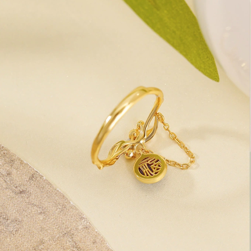 TerraDharma "Mind Purification & Resilient Fortune" Amethyst & Gilded Tulip Open Ring