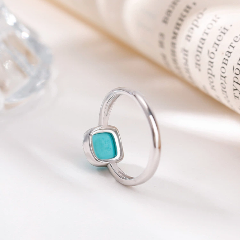 TerraDharma "Heart Harmony & Soul Grounding" Turquoise Geometric Sugar Cube Tooth-Patterned Silver Open Ring