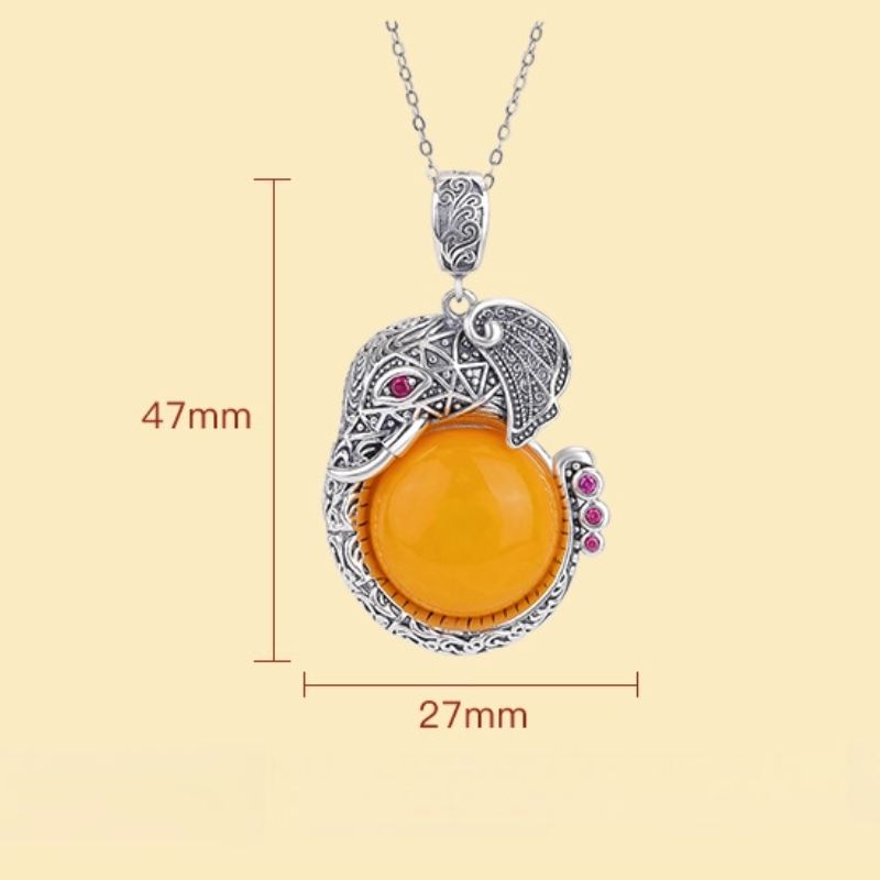 TerraDharma "Auspicious Guardianship & Nurturing Fortune" Amber & Lucky Elephant Pendant Necklace