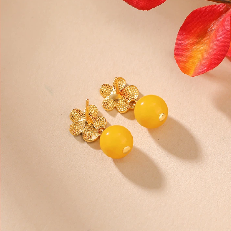 Plum Blossom-shaped Cloisonné with Beeswax Round Bead Earrings