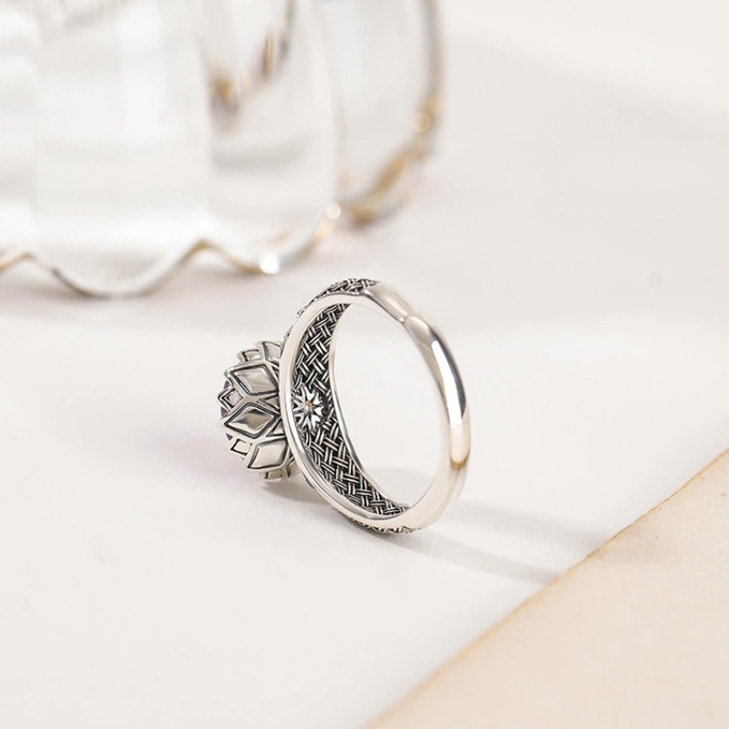 TerraDharma "Spiritual Awakening & Negativity Shield" Amethyst & Lotus - Engraved Silver Open Ring