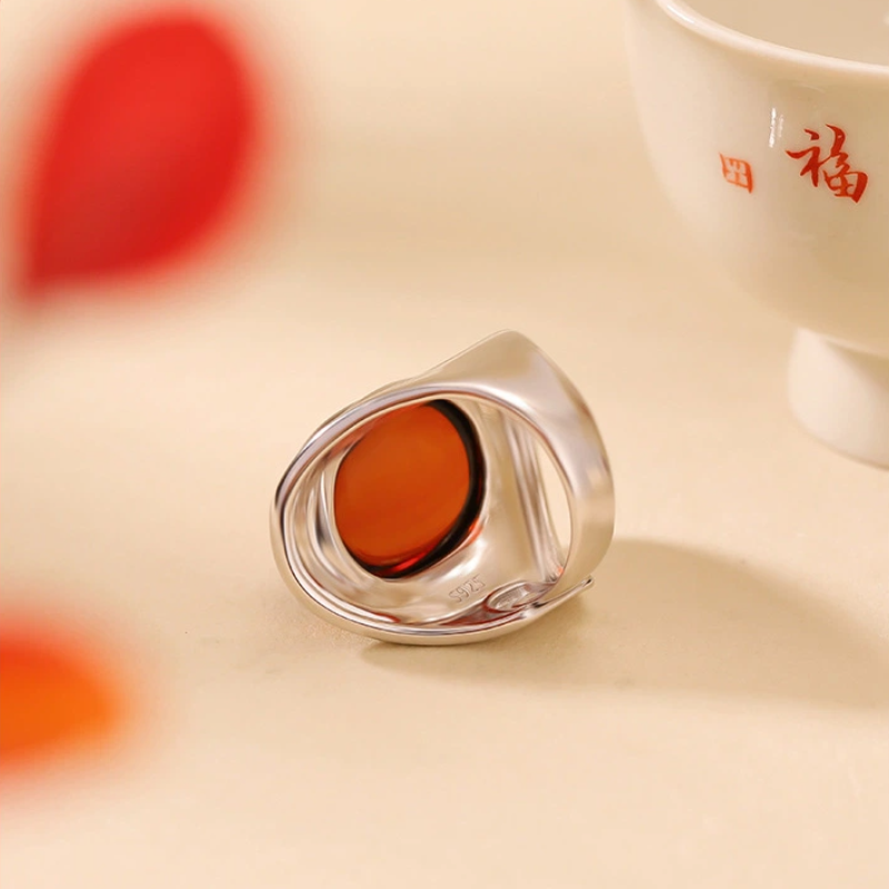 TerraDharma "Courage Ignition & Wealth Attraction" Blood Amber & Wheat Ear - Patterned Ring