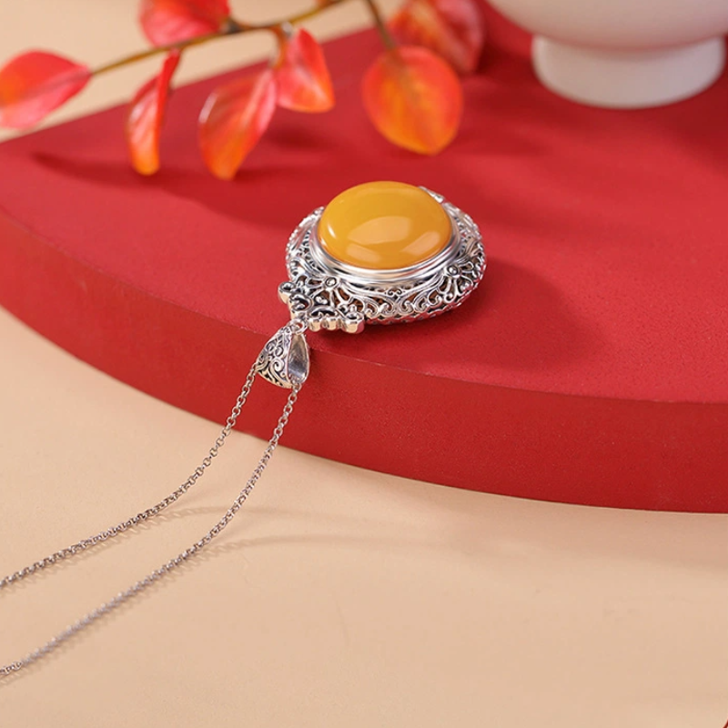 TerraDharma "Pure Auspiciousness & Spiritual Elegance" Amber Pendant Nacklace (Cloisonné with Butterfly and Lotus Patterns)