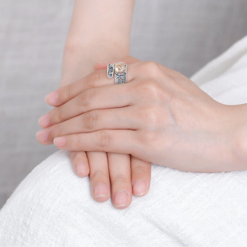 TerraDharma "Prosperity Amplification & Enlightened Harmony" Amethyst/Citrine Faceted Six-Syllable Mantra Open Ring