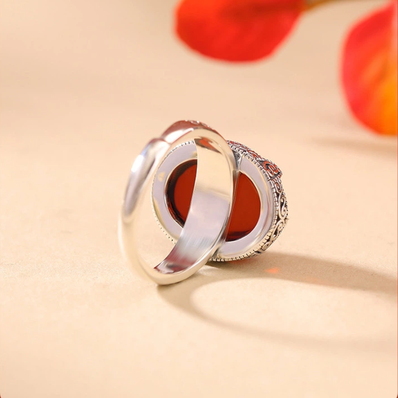 Blood Amber Egg-shaped silver ring