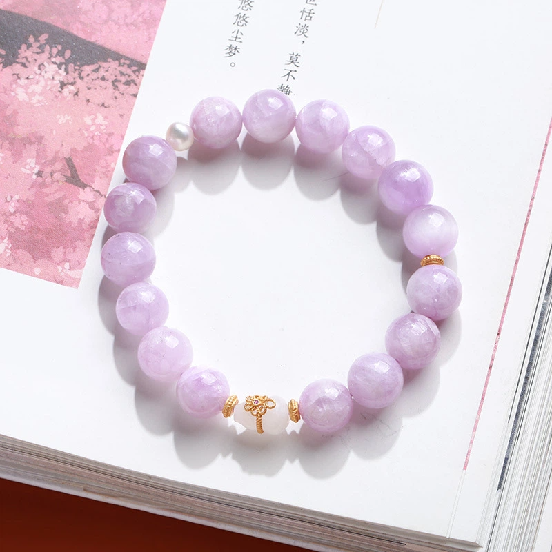 Natural Kunzite Crystal Bracelet (with Hetian Jade Gourd Accessory)