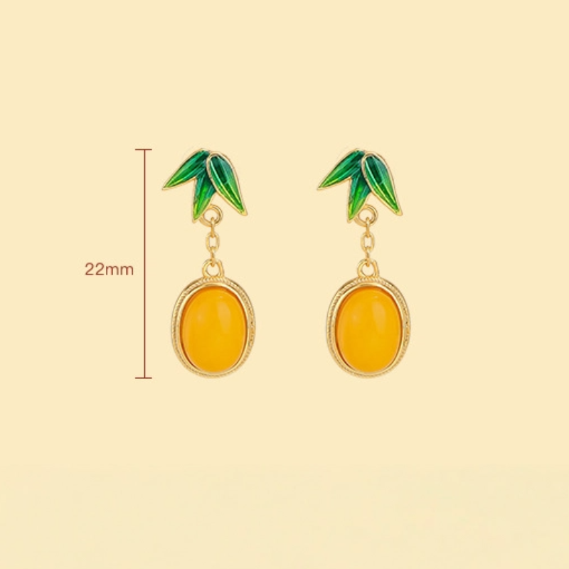 TerraDharma "Nurturing Fortune & Vitality Aundance" Amber & Enamel Bamboo Leaves Earrings