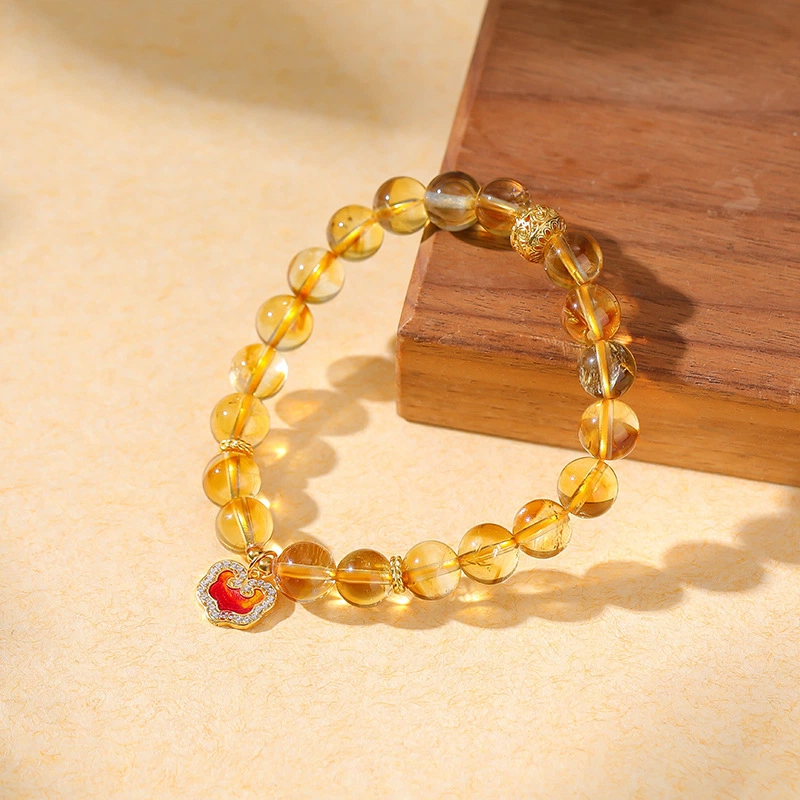 Citrine Lucky Charm Bead Bracelet (with Gold-plated Sterling Silver Ruyi Pendant)
