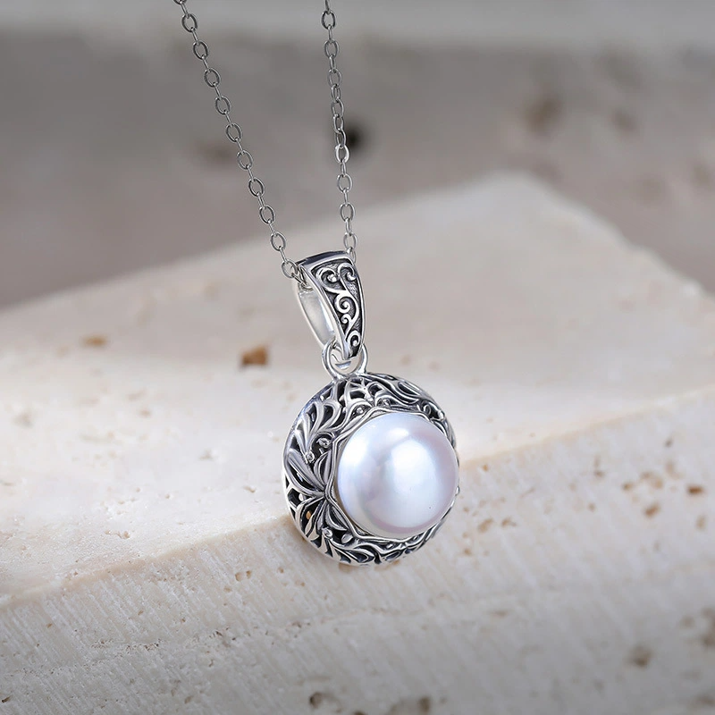TerraDharma "Vitality Unfolding & Innocent Fortune" Freshwater pearl with Scroll Pattern Pendant Necklace