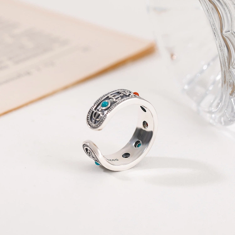 TerraDharma "Mantra Blessing & Mind Cleansing" South Red Agate & Turquoise with Six-Syllable Mantra Silver Open Ring