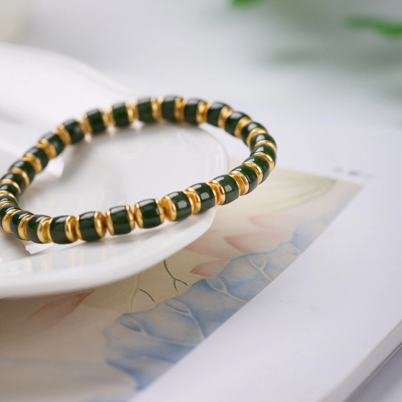 TerraDharma "Spirit Soothing & Emotional Balance" Natural Barrel-shaped Beads of Hetian Nephrite Jade Bracelet