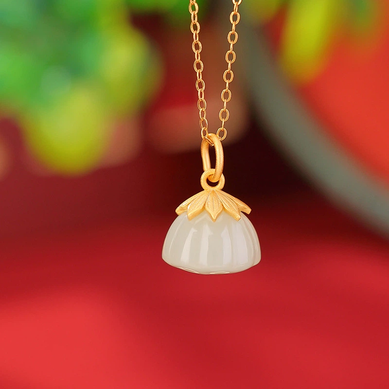 Hetian Jade of Lotus Pod Pendant Nacklace (with Gold-plated Sterling Silver)