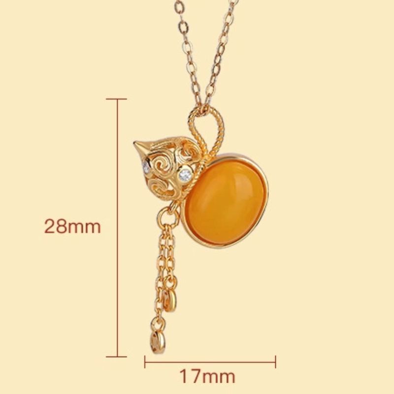 TerraDharma "Blessing Container & Fortune Gathering" Amber / Blood Amber of Gourd-shaped Pendant Nacklace with Tassel