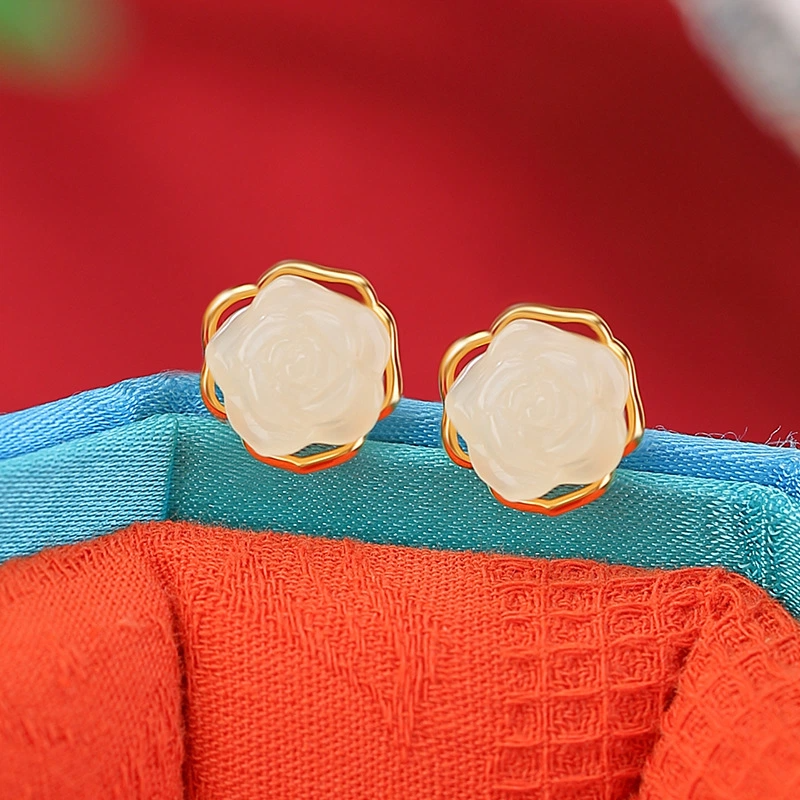 Rose-shaped Hetian Jade stud earrings (Gold-plated Sterling Silver)