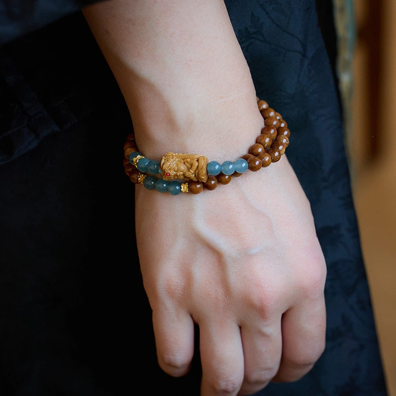 TerraDharma "Spirit Soothing & Divine Wealth Blessing" Natural Bodhi and Blue Water Jadeite Bracelet (with Zhaki Lamu Accessory)