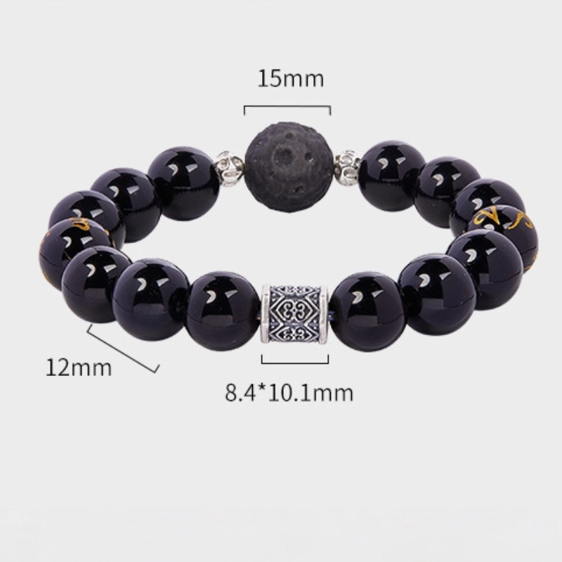 TerraDharma "Stability Blessing & Divine Protection" Obsidian & Six Syllable Mantra Black Agate Beaded Bracelet