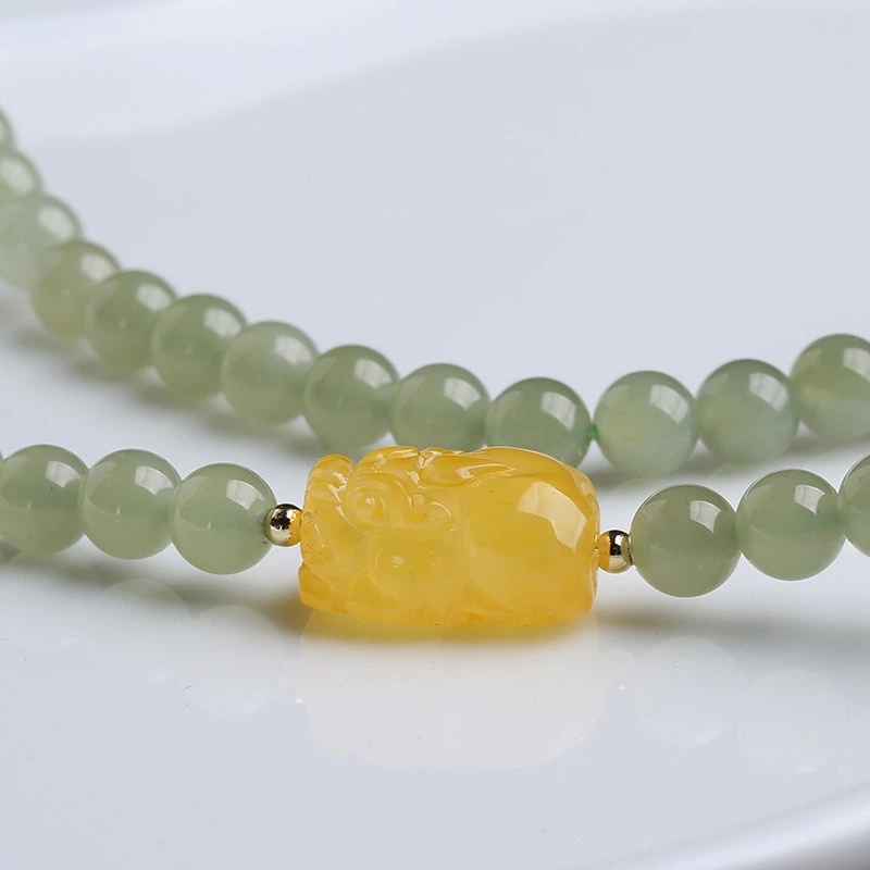 TerraDharma "Divine Wealth Infusion & Harmonious Abundance" Natural Hetian Jade Bracelet (with Amber Pi Yao and Hetian Jade Crab Pendant)