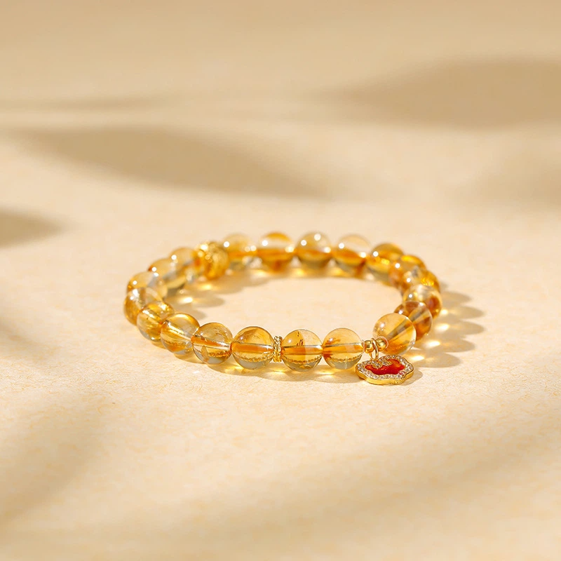 Citrine Lucky Charm Bead Bracelet (with Gold-plated Sterling Silver Ruyi Pendant)