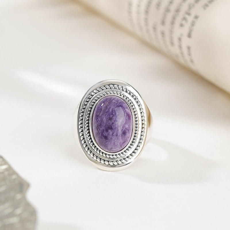 Natural Oval Charoite Sterling Silver Ring