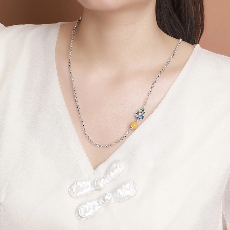 TerraDharma "Longevity Blessing & Lucky Abundance" Amber & Cloisonné Gourd Sterling Silver Necklace