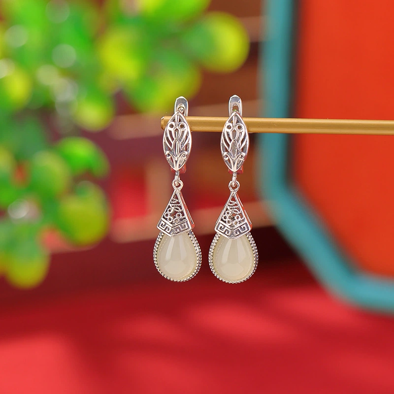Water-drop-shaped Heitan Jade Earrings (with Hollowed-out Huiwen Pattern Sterling Silver)
