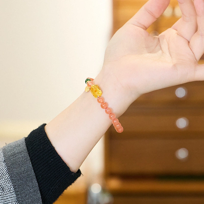 TerraDharma "Wealth-Attracting Blessing & Emotional Comfort" Natural South Red Agate Bracelet (with Amber Pi Yao)