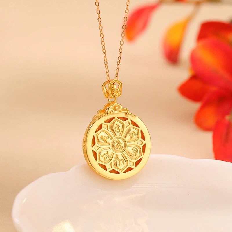 TerraDharma "Divine Prosperity & Wealth-Attracting Blessing" Amber of Auspicious Dragon with Six-Syllable Mantra Pendant Nacklace