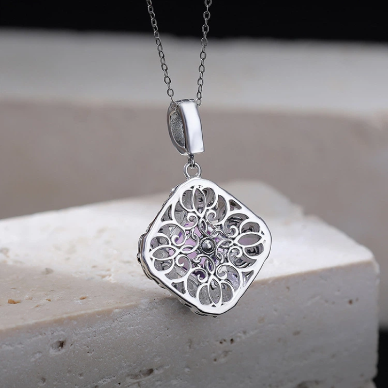 TerraDharma "Vitality Unfolding & Divine Wisdom" Amethyst & Scroll Pattern Rhombus Silver Pendant Nacklace