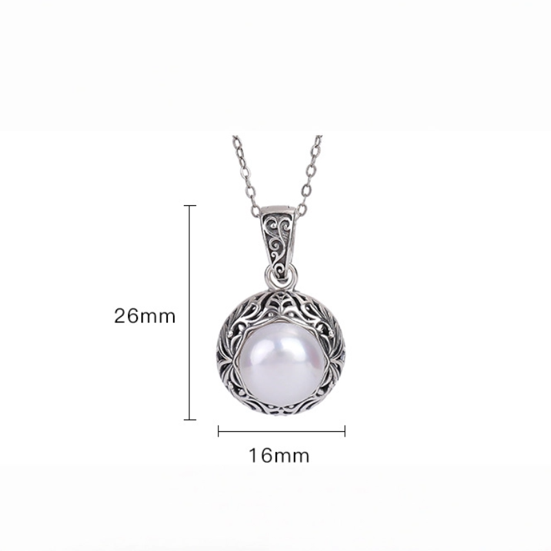 TerraDharma "Vitality Unfolding & Innocent Fortune" Freshwater pearl with Scroll Pattern Pendant Necklace
