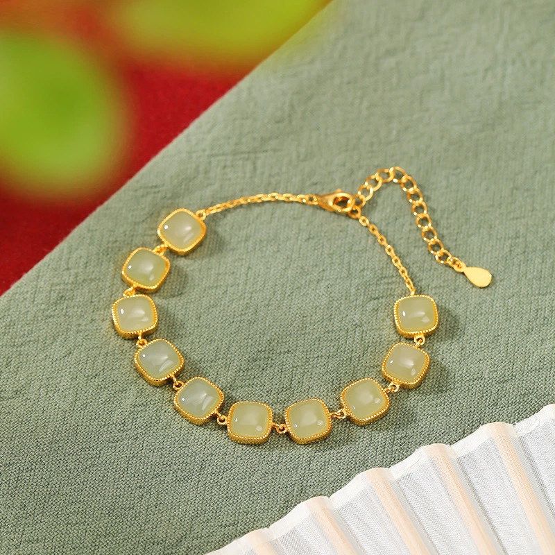 TerraDharma "Spirit Soothing & Peaceful Vitality" Natural Hetian Jade Geometric Square Bead Bracelet