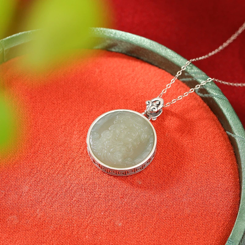 TerraDharma "Emotional Balance & Prosperity Granting" Nature Hetian Jade Carved Pendant Nacklace of Zhaki Lamu
