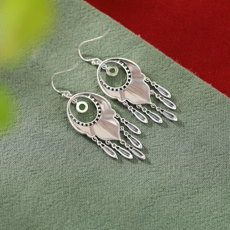 Retro pattern tassel earrings (with Natural Hetian Jade / Southern Red Agate)