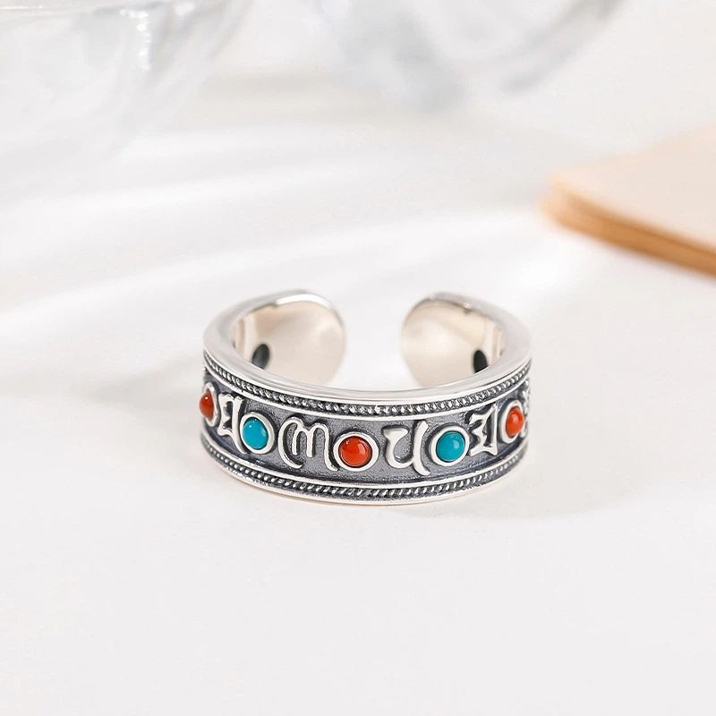 TerraDharma "Mantra Blessing & Mind Cleansing" South Red Agate & Turquoise with Six-Syllable Mantra Silver Open Ring