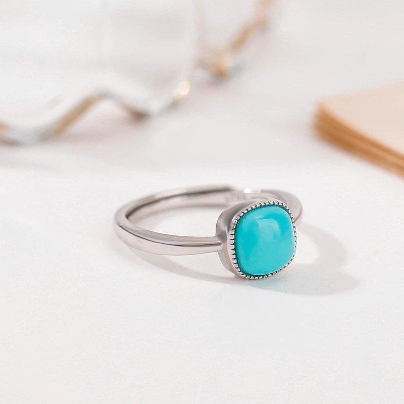 TerraDharma "Heart Harmony & Soul Grounding" Turquoise Geometric Sugar Cube Tooth-Patterned Silver Open Ring