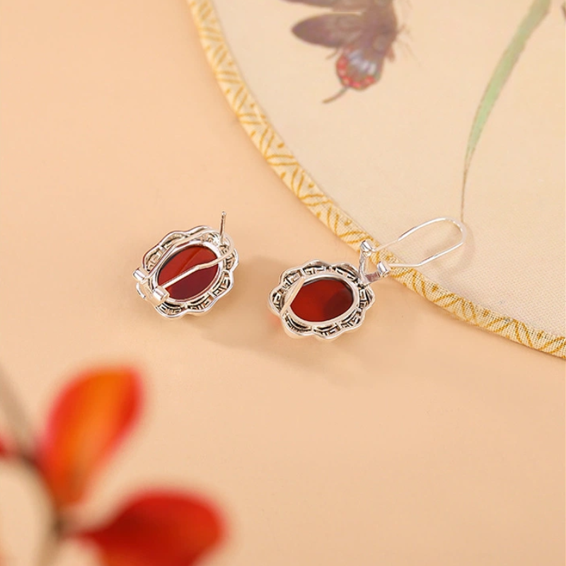 TerraDharma "Passionate Prosperity & Continuous Harmony" Blood Amber with Greek Fret Pattern Earrings