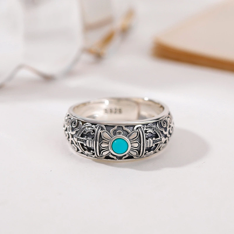 TerraDharma "Divine Protection & Chakra Soothing" Turquoise & Vajra - Shaped Sterling Silver Open Ring