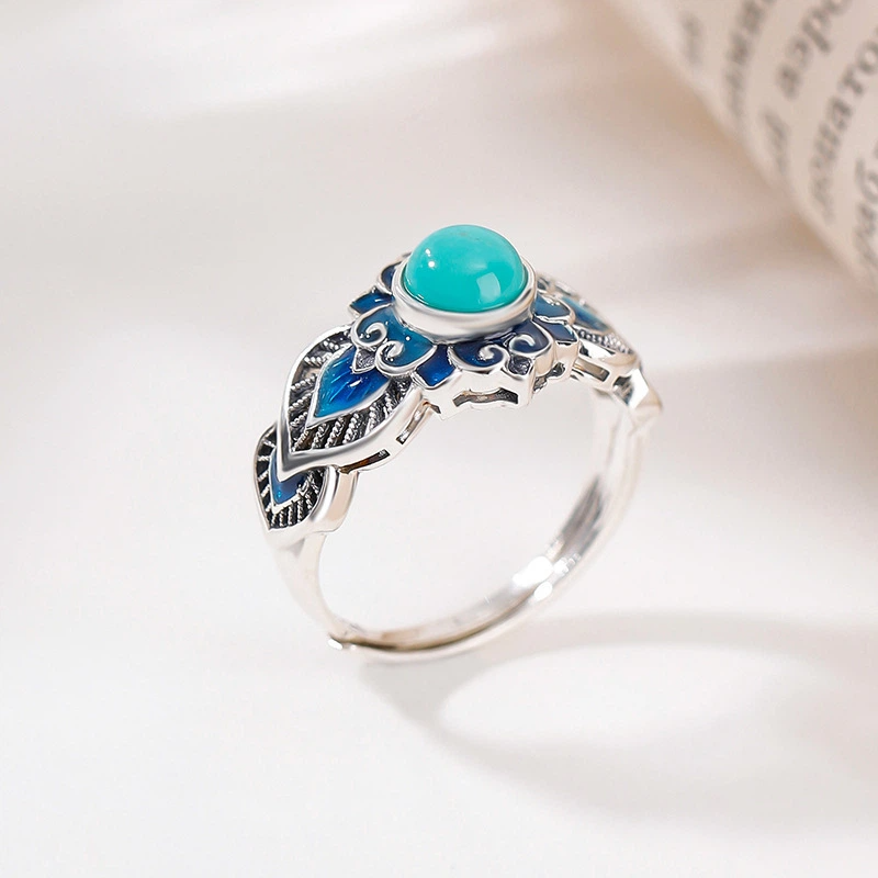 Natural Turquoise Ring (with Enamel and Sterling Silver Engraving)