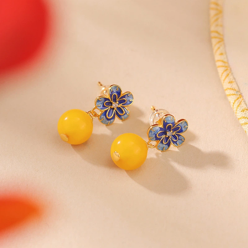 Plum Blossom-shaped Cloisonné with Beeswax Round Bead Earrings