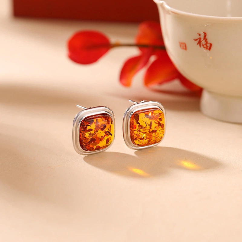 Flower Amber Retro Simple Design Square Stud Earrings with Clip-on Function (Sterling Silver)