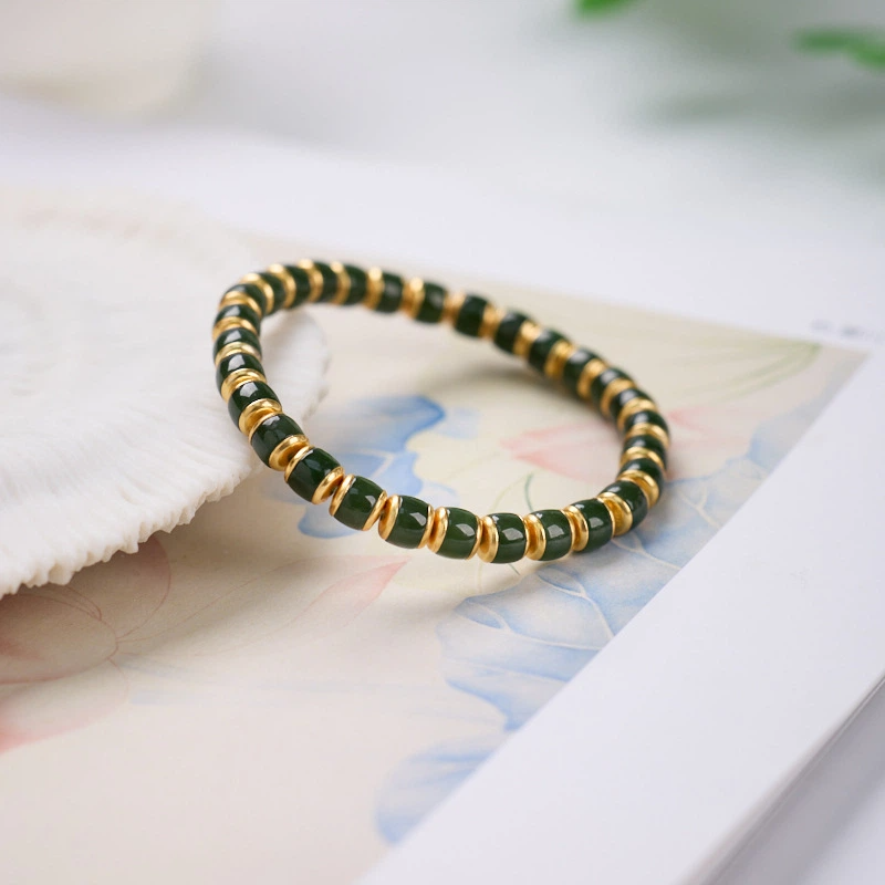 TerraDharma "Spirit Soothing & Emotional Balance" Natural Barrel-shaped Beads of Hetian Nephrite Jade Bracelet