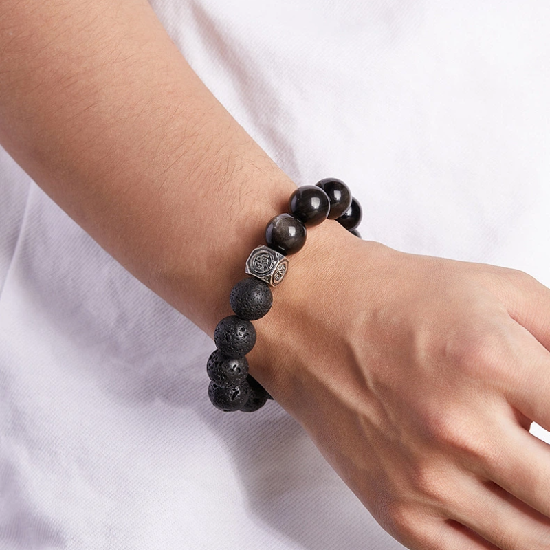 TerraDharma "Unshakable Luck & Spiritual Healing" Volcanic Stone & Silver Obsidian Beaded Bracelet